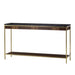 Small console table with a dark marble top, walnut veneer drawers, and gold metal legs, offering a luxurious and compact design for any room, Angle View.