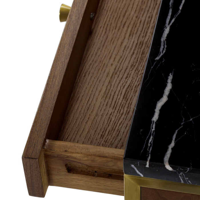 Small console table with a dark marble top, walnut veneer drawers, and gold metal legs, offering a luxurious and compact design for any room, Detail View 1.