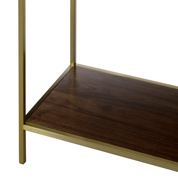 Small console table with a dark marble top, walnut veneer drawers, and gold metal legs, offering a luxurious and compact design for any room, Detail View 2.