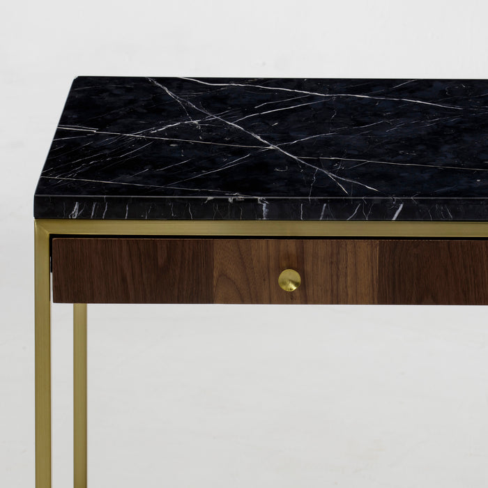 Small console table with a dark marble top, walnut veneer drawers, and gold metal legs, offering a luxurious and compact design for any room, Detail View 4.