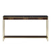Small console table with a dark marble top, walnut veneer drawers, and gold metal legs, offering a luxurious and compact design for any room, Front View.
