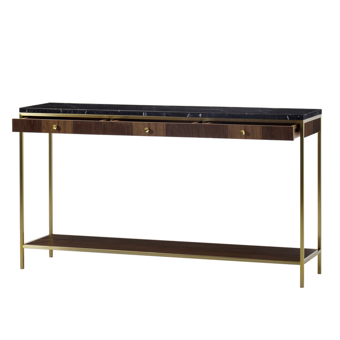 Small console table with a dark marble top, walnut veneer drawers, and gold metal legs, offering a luxurious and compact design for any room, Drawers Open View.