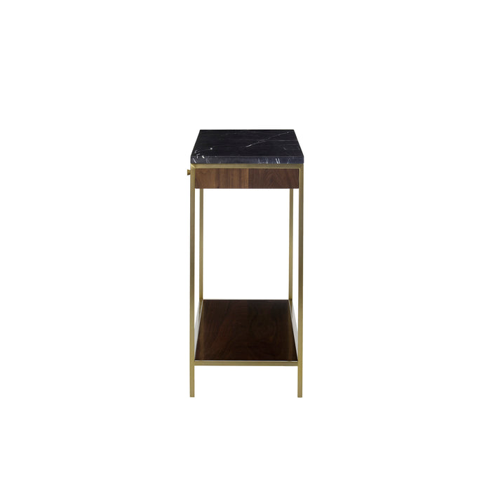 Small console table with a dark marble top, walnut veneer drawers, and gold metal legs, offering a luxurious and compact design for any room, Side View.