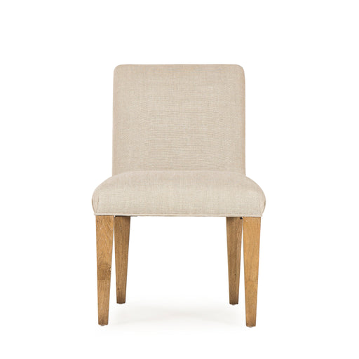 Beige upholstered dining chair with solid wood legs, suitable for a neutral and inviting dining room decor, front view.