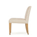 Beige upholstered dining chair with solid wood legs, suitable for a neutral and inviting dining room decor, side view.