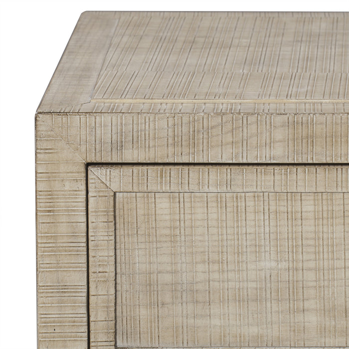 Natural wood nightstand with a single drawer and two open shelves, offering a minimalist design and practical storage for any bedroom, Detail View 1.