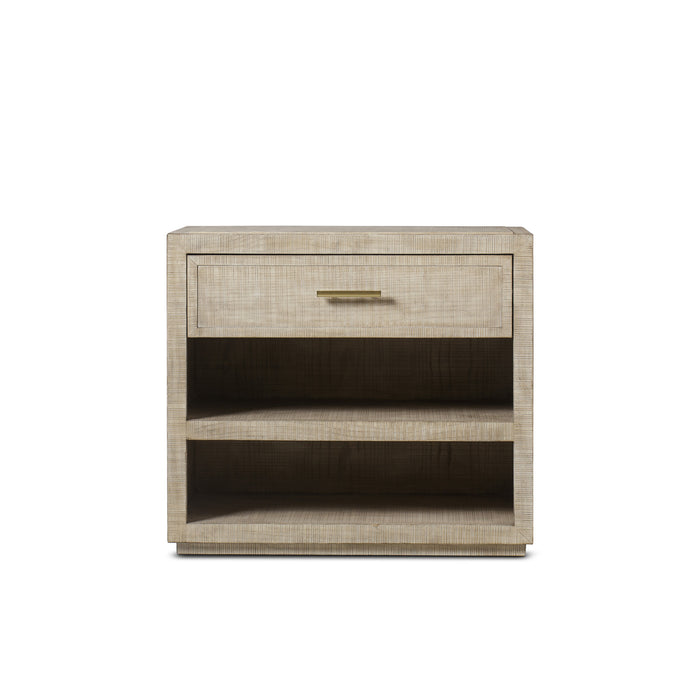  Natural wood nightstand with a single drawer and two open shelves, offering a minimalist design and practical storage for any bedroom, Front View.
