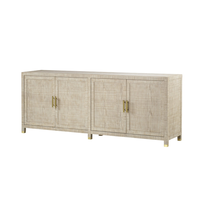Natural wood cabinet with four doors and brass handles, offering a functional storage solution and a rustic charm for modern interiors, Angle View.
