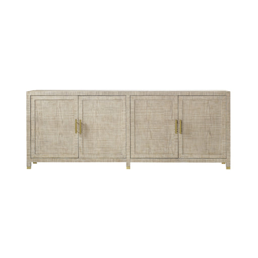 Natural wood cabinet with four doors and brass handles, offering a functional storage solution and a rustic charm for modern interiors, Front View.