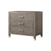Modern three-drawer dresser in a grey and pewter finish, offering sleek metal handles and ample storage for bedroom essentials, Angle View.