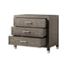 Modern three-drawer dresser in a grey and pewter finish, offering sleek metal handles and ample storage for bedroom essentials, Drawers Open View.