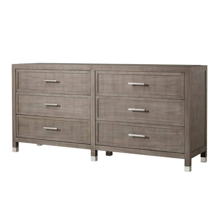 Modern dresser with a grey and pewter finish, featuring six spacious drawers with sleek metal handles, offering ample storage for any bedroom, Angle View.
