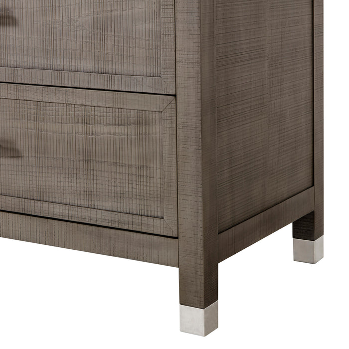 Modern dresser with a grey and pewter finish, featuring six spacious drawers with sleek metal handles, offering ample storage for any bedroom, Detail View 1.