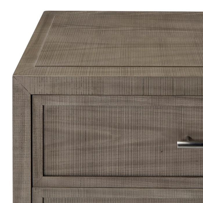 Modern dresser with a grey and pewter finish, featuring six spacious drawers with sleek metal handles, offering ample storage for any bedroom, Detail View 2.