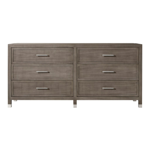 Modern dresser with a grey and pewter finish, featuring six spacious drawers with sleek metal handles, offering ample storage for any bedroom, Front View.