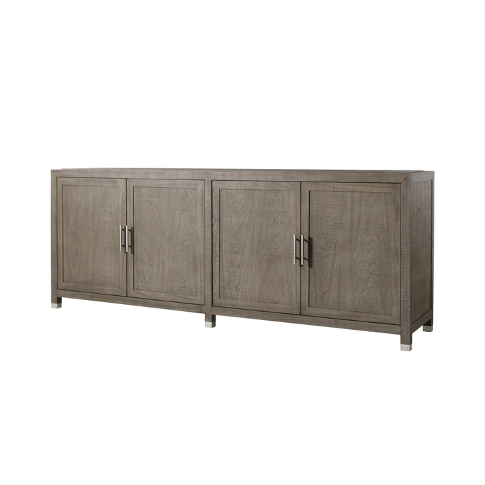 Contemporary cabinet with four doors in a grey and pewter finish, offering ample storage and a modern design for living or dining spaces, Angle View.