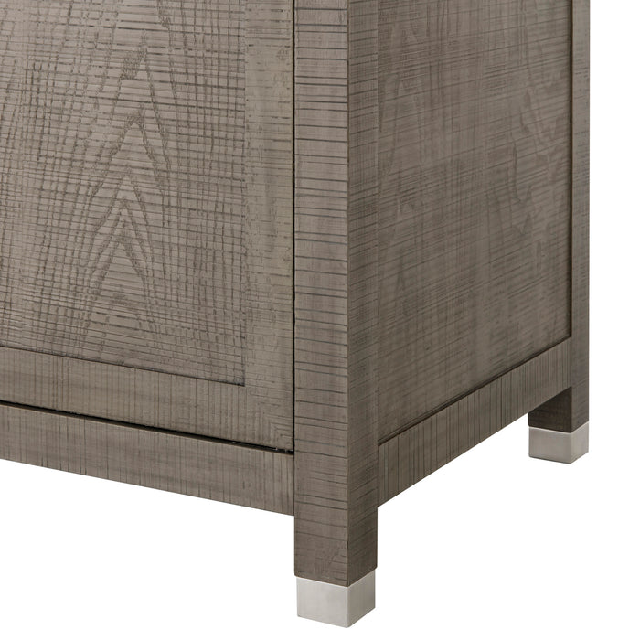 Contemporary cabinet with four doors in a grey and pewter finish, offering ample storage and a modern design for living or dining spaces, Detail View 1.