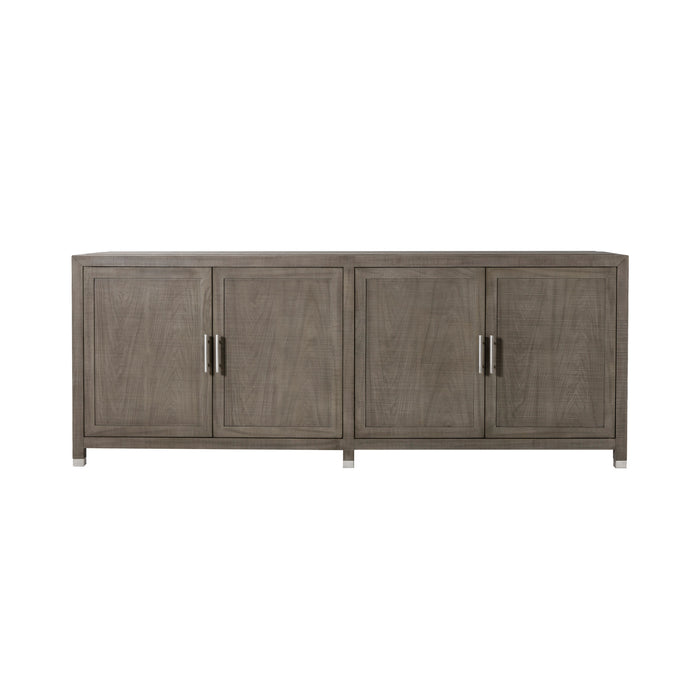 Contemporary cabinet with four doors in a grey and pewter finish, offering ample storage and a modern design for living or dining spaces, Front View.