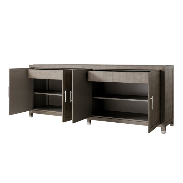 Contemporary cabinet with four doors in a grey and pewter finish, offering ample storage and a modern design for living or dining spaces, Drawers Open View.
