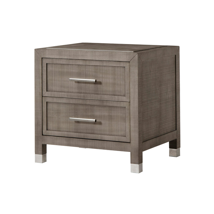 Modern three-drawer dresser in a grey and pewter finish, offering sleek metal handles and ample storage for bedroom essentials, Angle view.