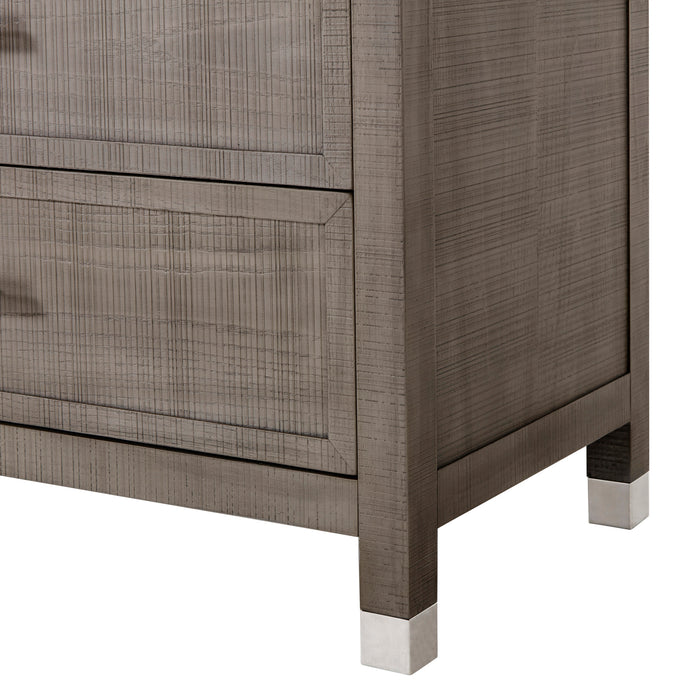 Modern three-drawer dresser in a grey and pewter finish, offering sleek metal handles and ample storage for bedroom essentials, Detail view 1.