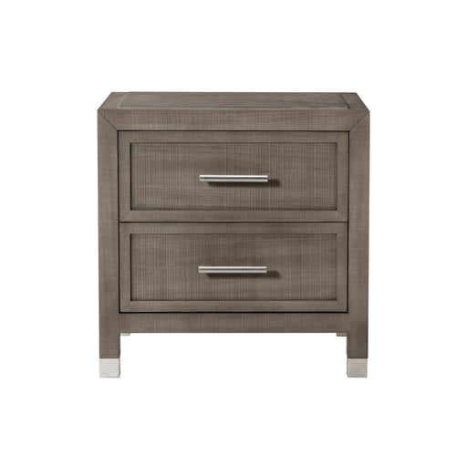 Modern three-drawer dresser in a grey and pewter finish, offering sleek metal handles and ample storage for bedroom essentials, Front view.