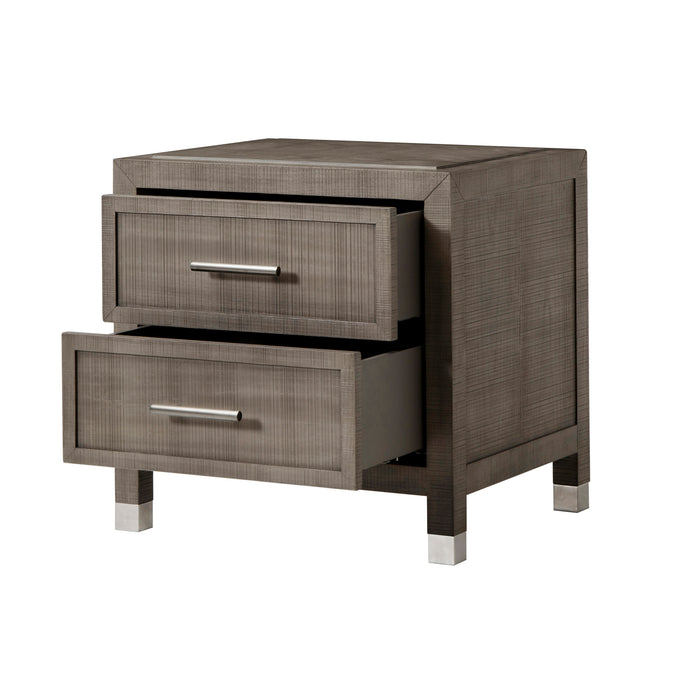 Modern three-drawer dresser in a grey and pewter finish, offering sleek metal handles and ample storage for bedroom essentials, Drawers open view.