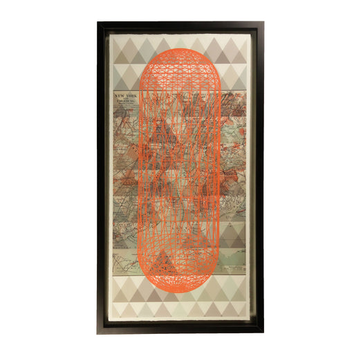 Framed artwork featuring an abstract orange overlay on a vintage New York map, offering a vibrant modern twist to classic cartographym, Front View.