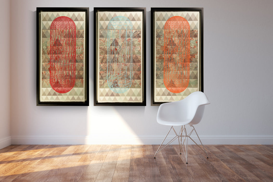 Framed artwork featuring an abstract orange overlay on a vintage New York map, offering a vibrant modern twist to classic cartographym, Living Room View.