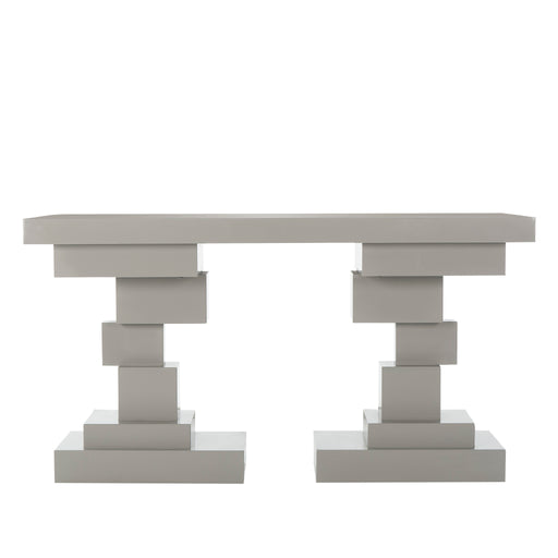 Modern console table with a stacked block design in a light gray finish, offering a bold and contemporary addition to any room, Front View.