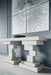 Modern console table with a stacked block design in a light gray finish, offering a bold and contemporary addition to any room, Living Room View.