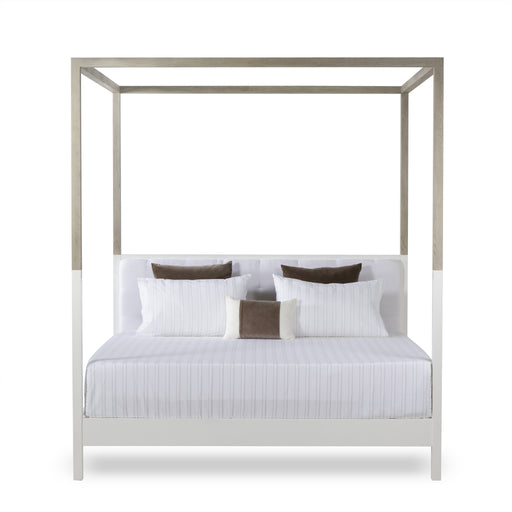 UK King size four-poster bed with a sleek, modern design, featuring a wooden frame in natural hues, offering a contemporary and comfortable addition to any bedroom, Front View.
