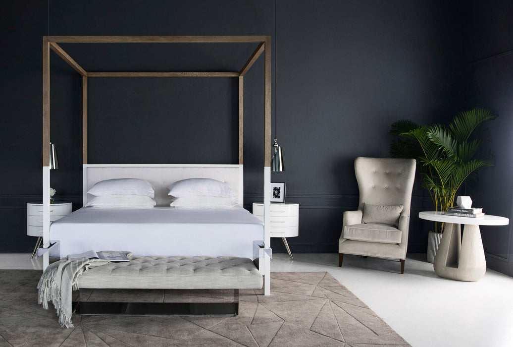 UK King size four-poster bed with a sleek, modern design, featuring a wooden frame in natural hues, offering a contemporary and comfortable addition to any bedroom, Living Room View 3.