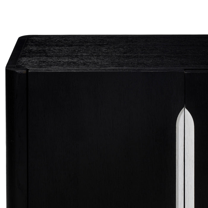 Sleek black sideboard with metallic handles, ideal for contemporary dining room storage and decor, Detail Look 4.