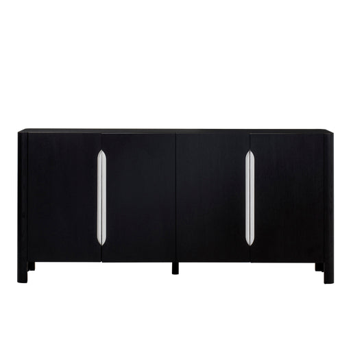 Sleek black sideboard with metallic handles, ideal for contemporary dining room storage and decor, Front Look.