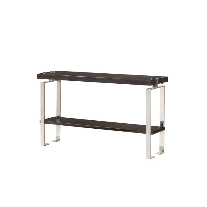 Modern espresso-finished console table with stainless steel accents and a lower shelf, suitable for sophisticated home decor, angle view.