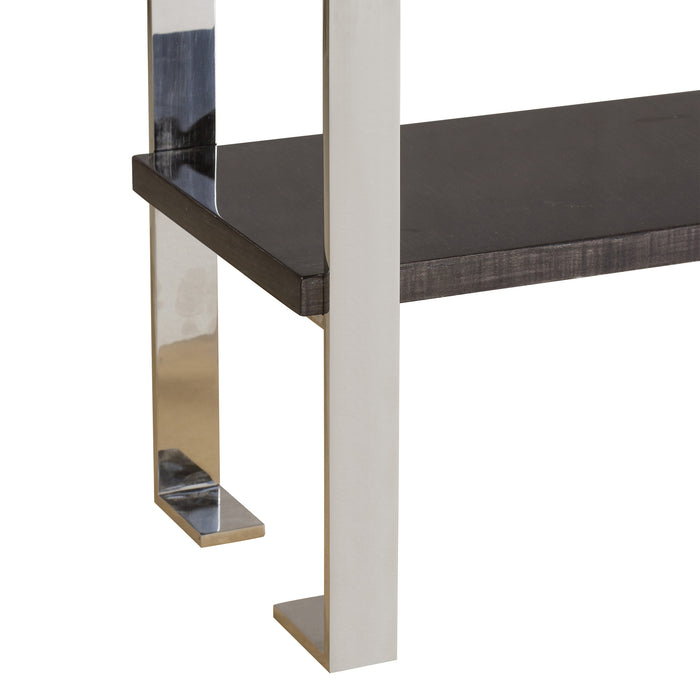 Modern espresso-finished console table with stainless steel accents and a lower shelf, suitable for sophisticated home decor, detail view 2.