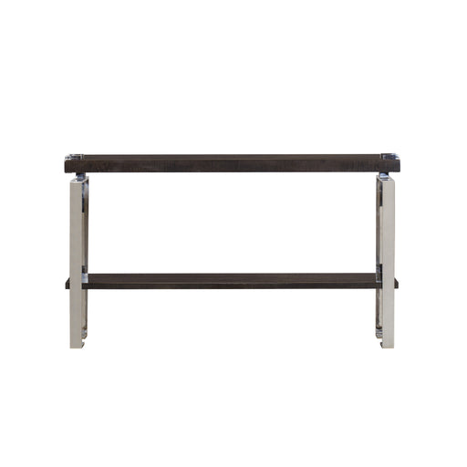 Modern espresso-finished console table with stainless steel accents and a lower shelf, suitable for sophisticated home decor, front view.