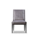 Modern grey velvet dining chair with high back and black wooden legs, perfect for contemporary room decor, Front View.