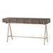 Shagreen-textured console table with drawers on a metal A-frame, ideal for modern home decor.