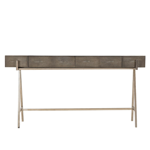 Contemporary console table with a dark gray textured top, metal frame, and four drawers, providing a stylish storage solution for modern interiors, Front View.
