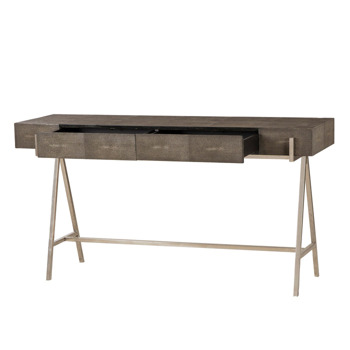 Contemporary console table with a dark gray textured top, metal frame, and four drawers, providing a stylish storage solution for modern interiors, Drawers open View.