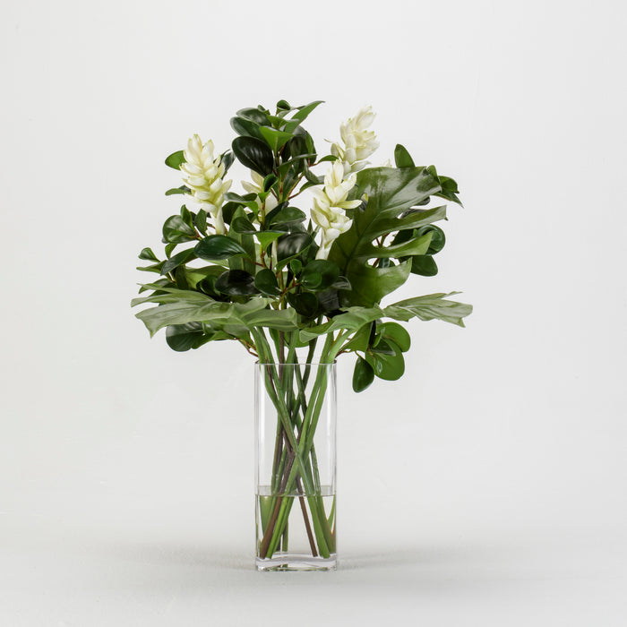 Ginger and Mixed Leaf Arrangement in Glass Square Vase