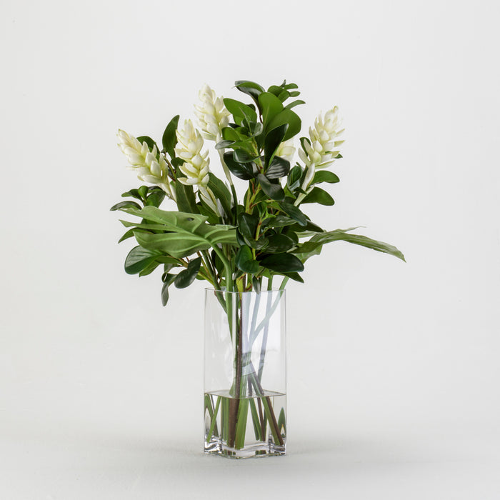 Ginger and Mixed Leaf Arrangement in Glass Square Vase