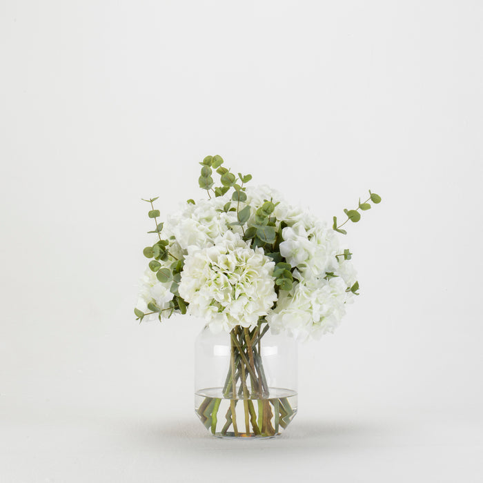 White Hydrangea Eucalyptus Bouquet in Glass Vase