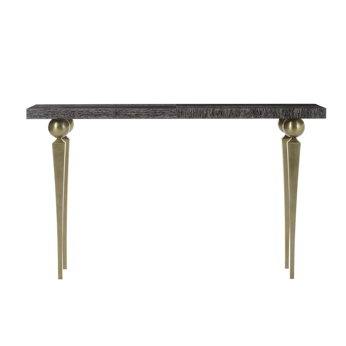 Elegant console table with a sleek black wood top and tapered gold legs, offering a luxurious and modern touch to any space.