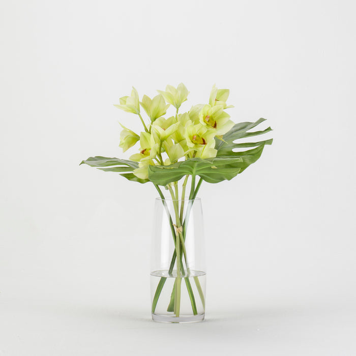 Cymbidium Orchid with Leaf in Tapered Glass Cylinder