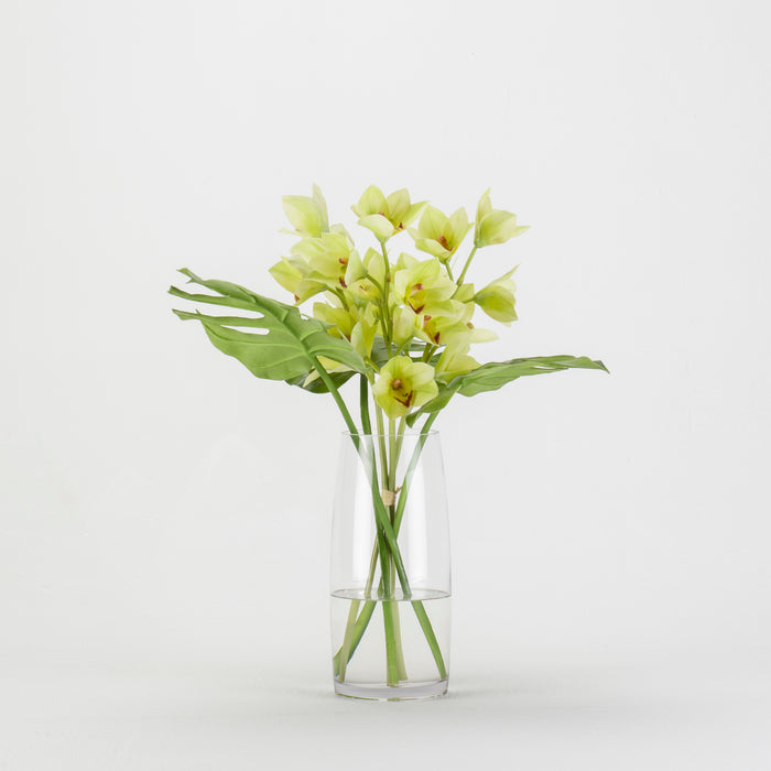 Cymbidium Orchid with Leaf in Tapered Glass Cylinder