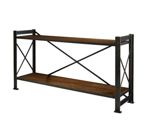Industrial bookshelf with a sturdy metal frame and two wooden shelves, offering a stylish and functional storage solution for books or decor.